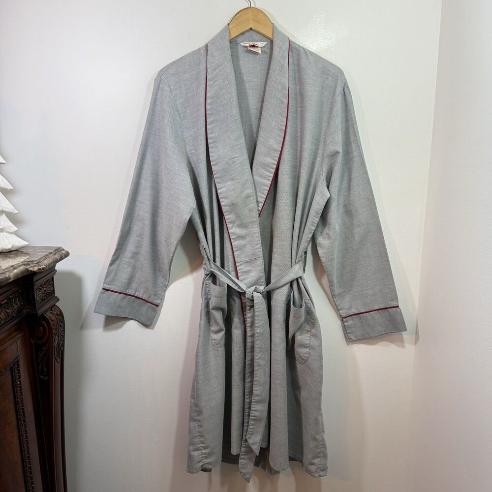 Harcourt Plaid Robe Mens L Gray Red Trim Tie Belt Vintage Cotton